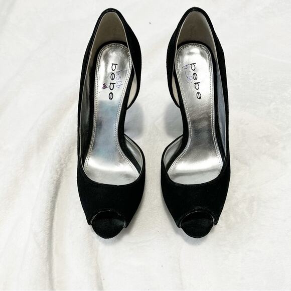 Bebe Women's Black Peep Toe Heels D’orsay suede leather size 8.5 pumps - Picture 4 of 11
